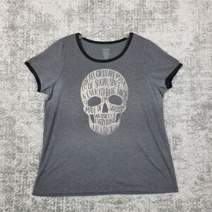 Torrid Top Womens 0 Gray Skulls Skeleton Short Sleeve Ringer Shirt Casual Goth
